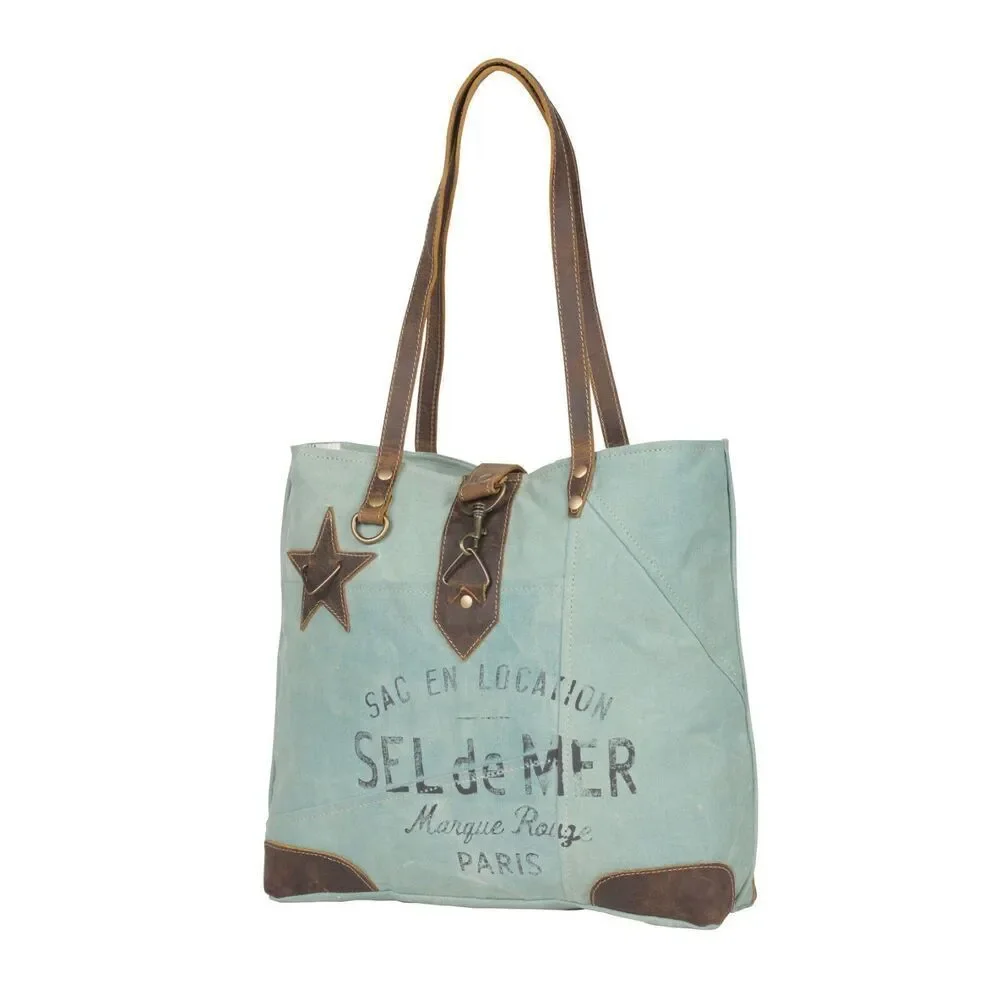 Myra Bag Handmade Astra Tote Bag Upcycled Canvas & Cowhide Leather